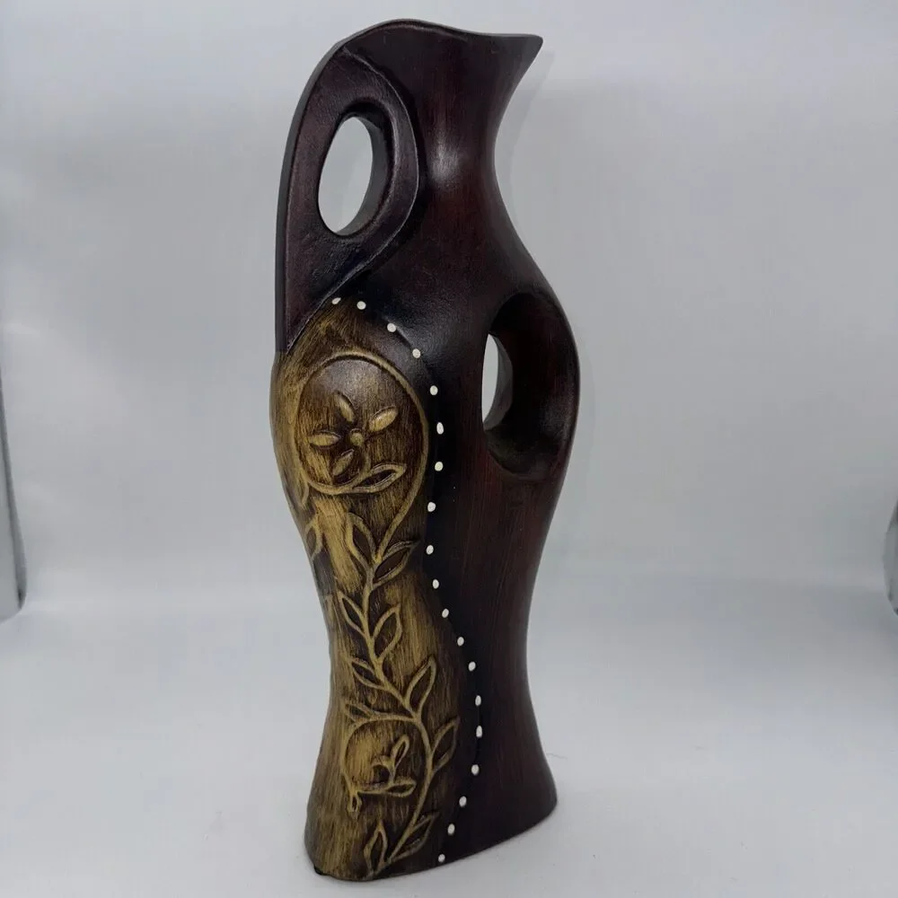 Vintage Ceramic Pitcher Vase‎ Wood Tone Hand Painted 13” Tall